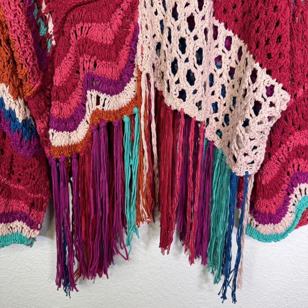 Free People Crochet Sweater Womens XS Fringe Poncho Boho Festival Coachella NEW - Picture 5 of 11